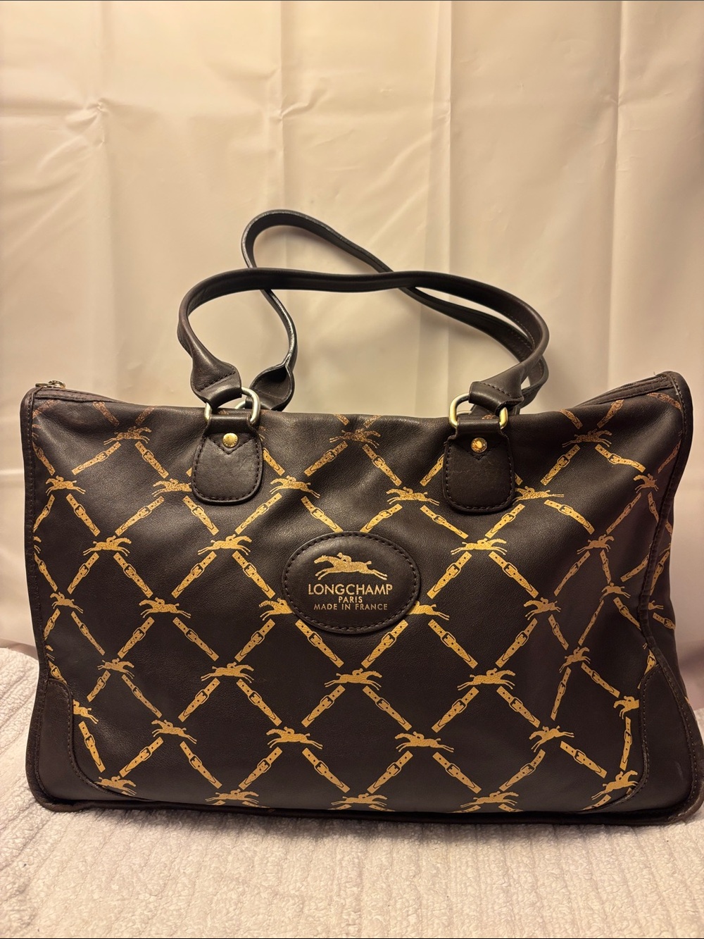 Longchamp Brown Tote with Gold Chain-Print Detailing